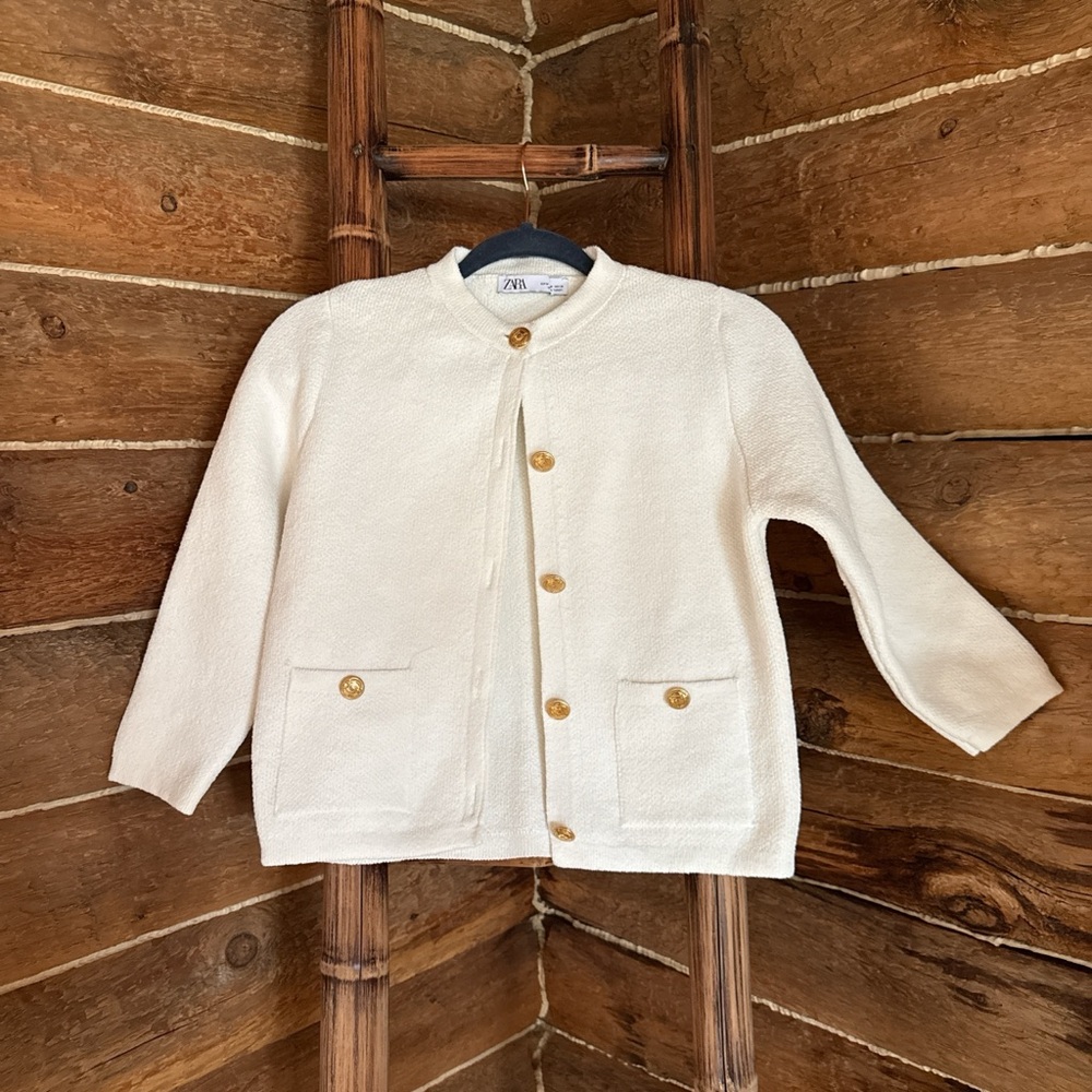 Zara Cream Textured  Button-Up Jacket with Gold Buttons